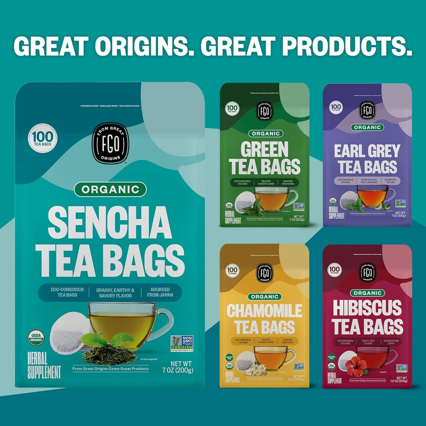 FGO Organic Japanese Sencha Green Tea, 20 Count, Eco-Conscious Tea Bags, Resealable Bag, Packaging May Vary (Pack of 1)