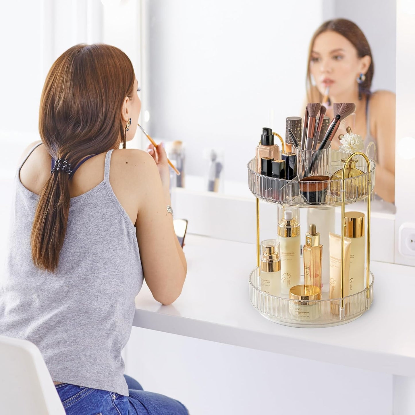 Aveniee 360 Rotating Makeup Organizer for Vanity, Upagraded Perfume Skincare Bathroom Counter Organizers with Brush Divider, Two Tier Spinning Lipstick Cosmetic Lotion Storage,White