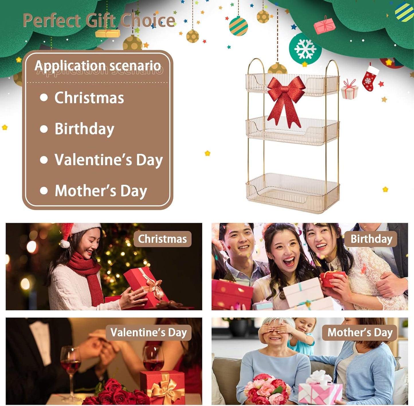 Bathroom Counter Organizer - Countertop Storage, Cosmetics & Skincare Shelf, Makeup Organizer, Perfume Tray, Spice Rack - 3 Tier Gold