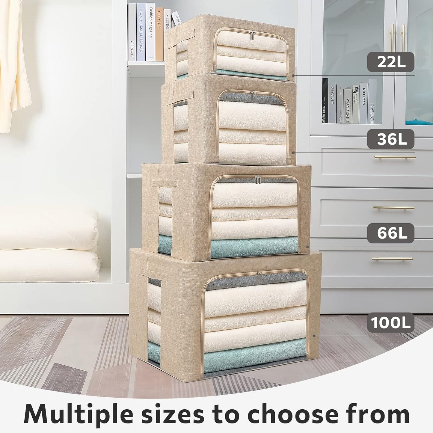 FHSQX 2 Pack Clear Window Storage Bins - Large Stackable Linen Fabric Storage for Clothes Foldable Container Organizer Set with Carrying Handles (Beige, 19.7x 15.7x 12.6 Inch)