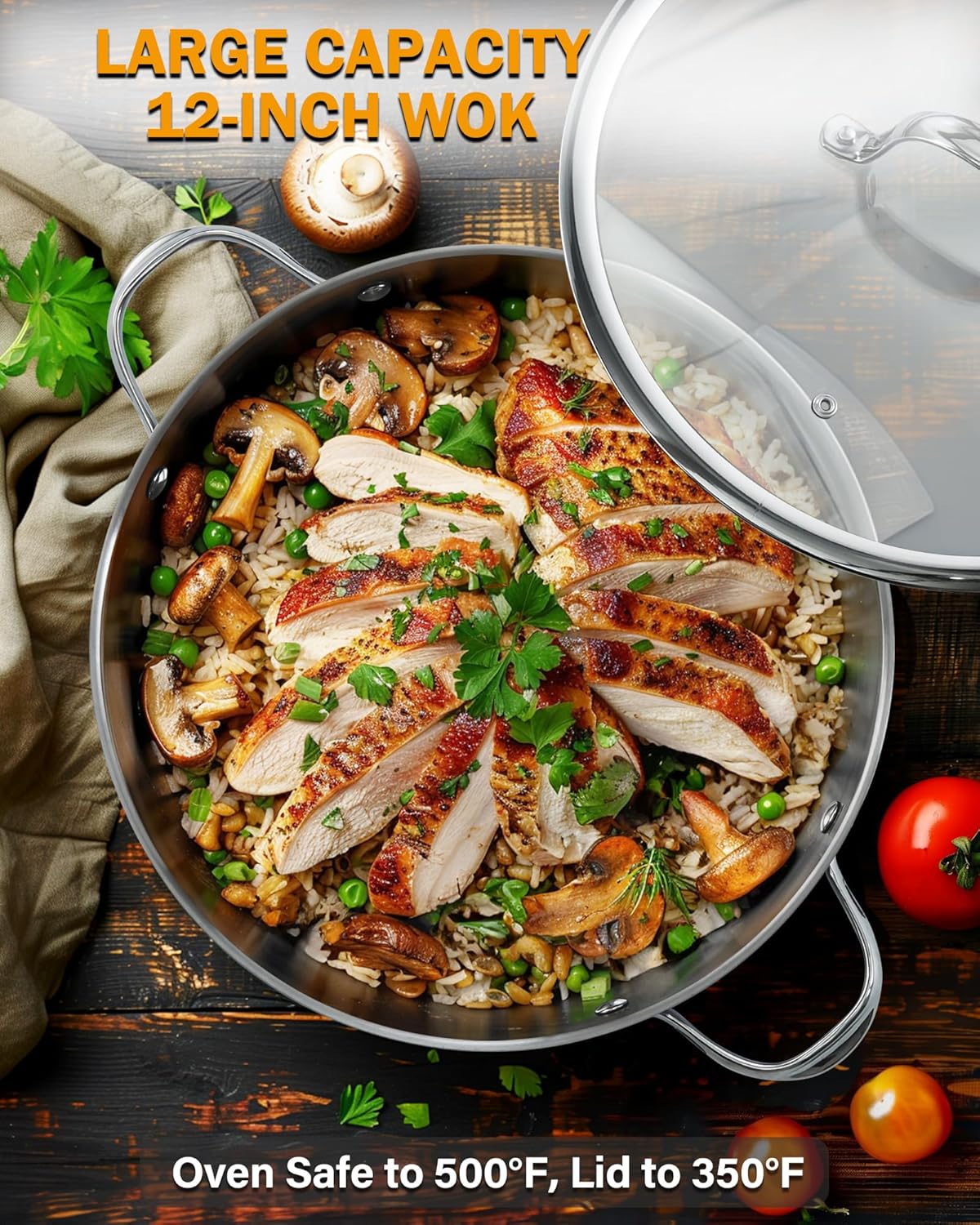 Cooks Standard Multi-Ply Clad Stainless Steel Wok Stir Fry Pan with Glass Lid, 12-inch large Stainless Steel Deep Frying Pan, Everyday Chef's Pan Flat Bottom Wok Induction Cookware