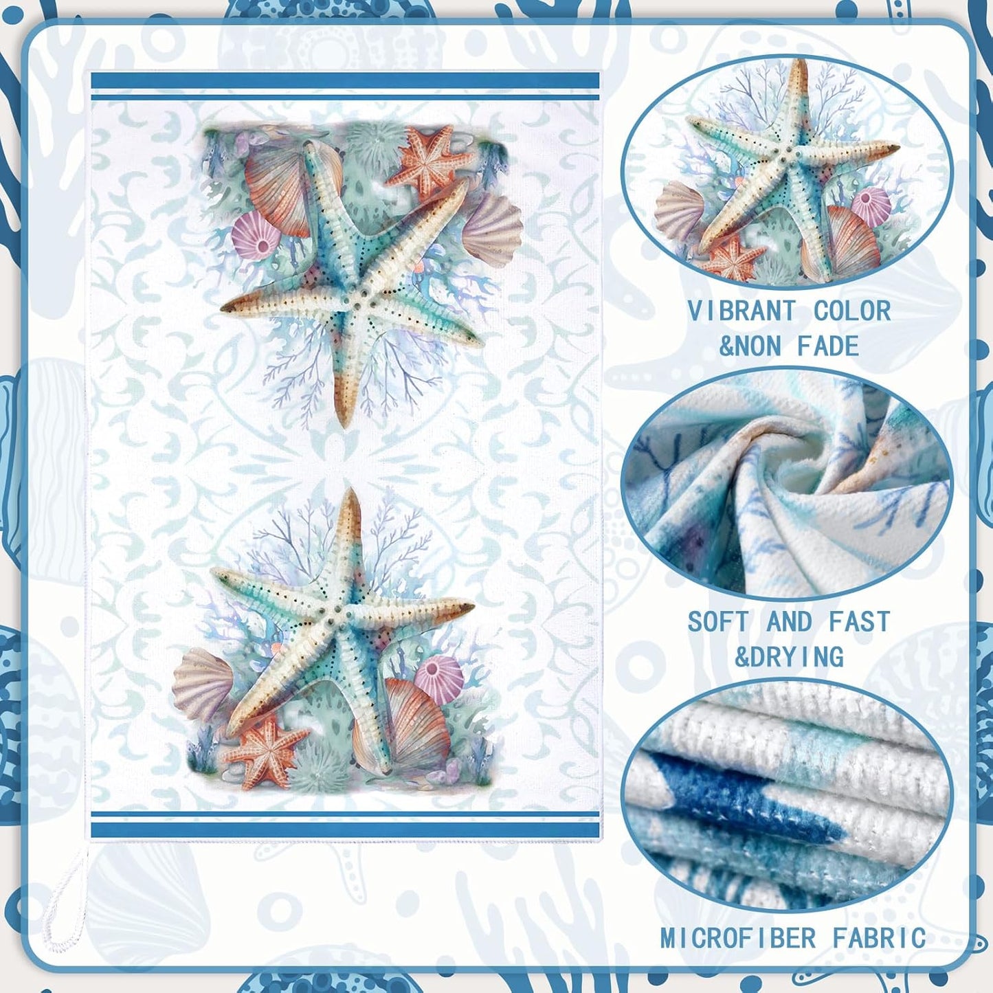 Boyiee Set of 6 Beach Kitchen Towels Coastal Ocean Dish Towels Sea Nautical Tea Towels Absorbent 24 x 16 Inches Shell Coral Starfish Hand Towels Summer Gifts for Farmhouse Kitchen Bathroom Decorations