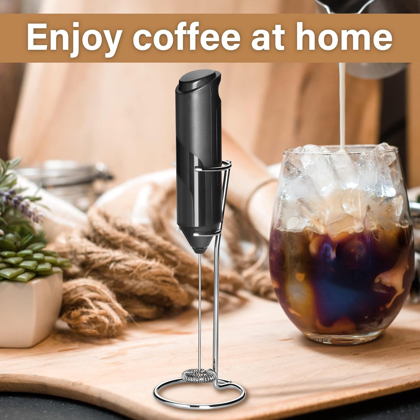 YSSOA Electric Milk Frother Handheld with Stainless Steel Stand Battery Operated Whisk Drink Mixer for Coffee, Latte, Matcha, Hot Chocolate, Black
