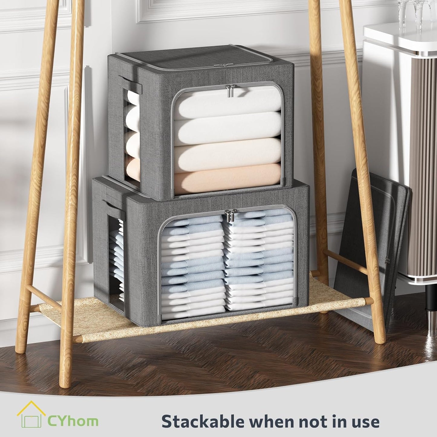 Clothes Storage Bins Box - Linen Fabric Foldable Stackable Container Organizer Set with Clear Window & Carry Handles & Metal Frame - 2Pack Large Capacity for Bedding, Blankets, Books