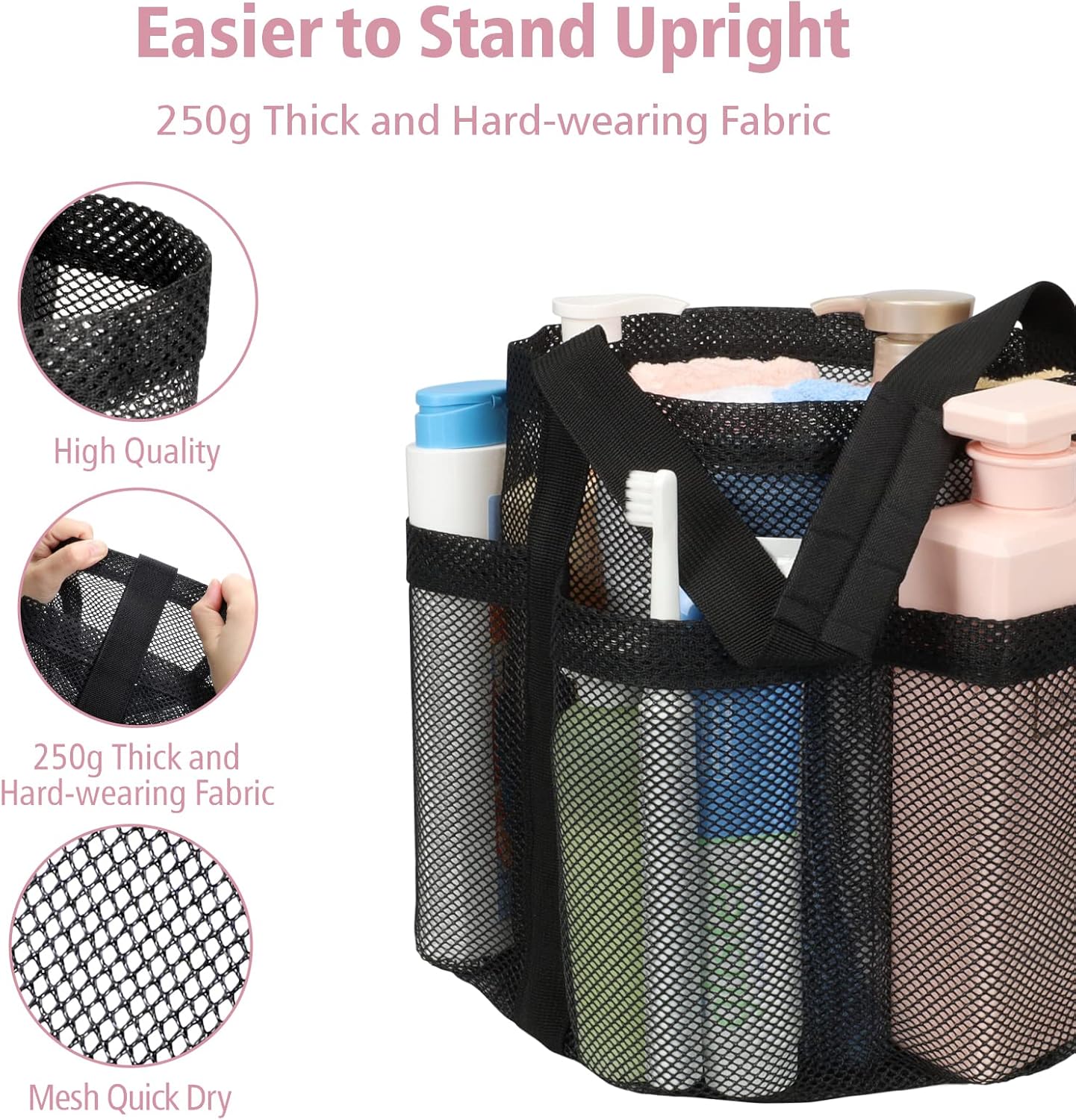 F-color Mesh Shower Caddy Portable, Large Capacity Shower Bag Basket Tote for College Dorm Room Toiletry Gym Rv Essentials, Bathroom Caddy Bag with S Hook, Black