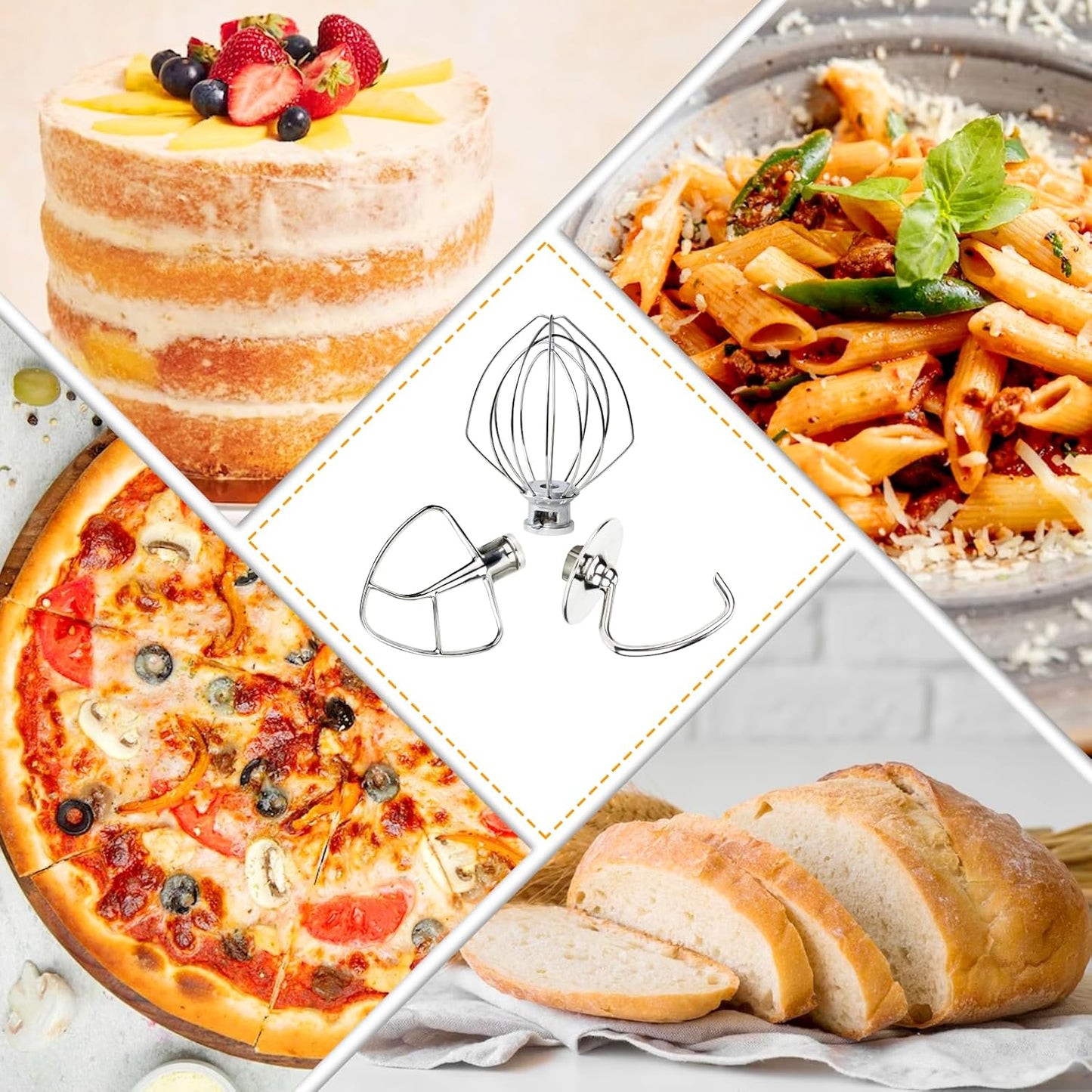 Funmit Mixers Accessories Stainless Steel Attachments Replacement for Kitchen-aid Mixers, K45WW Wire Whip, K45DH Dough Hook, K45B Coated Flat Blade Paddle, Kitchen Tilt-Head Aid Stand Mixer Attachment