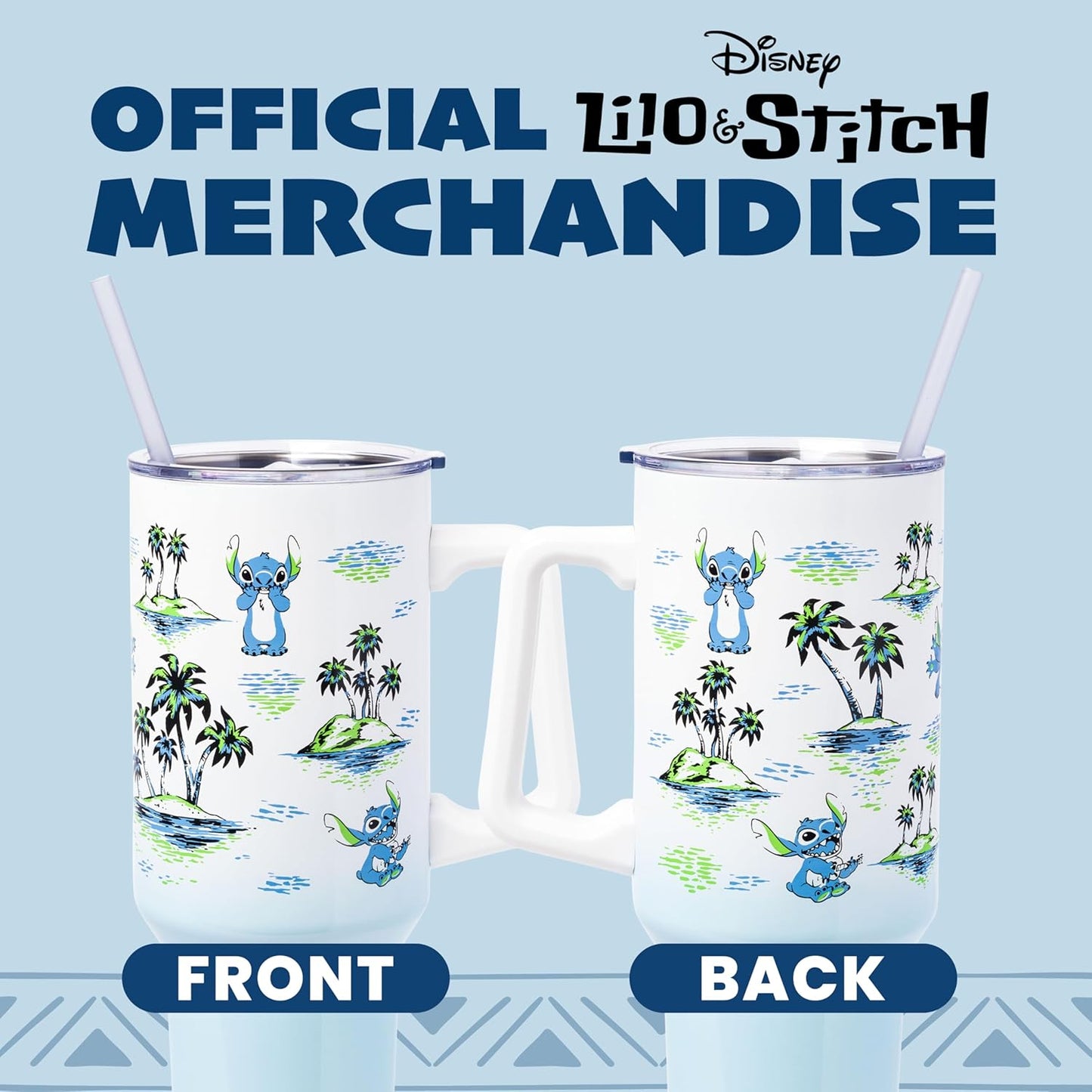 Silver Buffalo Disney Lilo and Stitch Vintage Sketch Palm Trees and Flowers Stainless Steel Tumbler with Handle and Straw, Fits in Standard Cup Holder, 40 Ounces