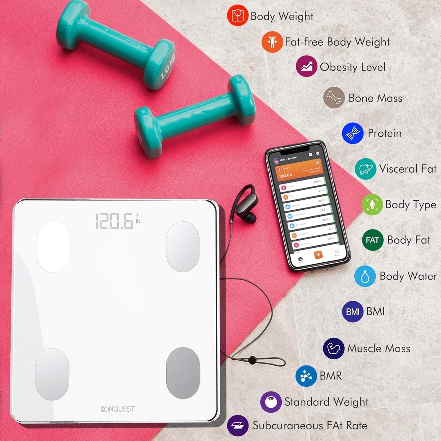 KONQUEST Smart Scale for Body Weight, Digital Bathroom Scale BMI Weighing Bluetooth Body Fat Scale, Body Composition Monitor Health Analyzer with Smartphone App, 400 lbs - White