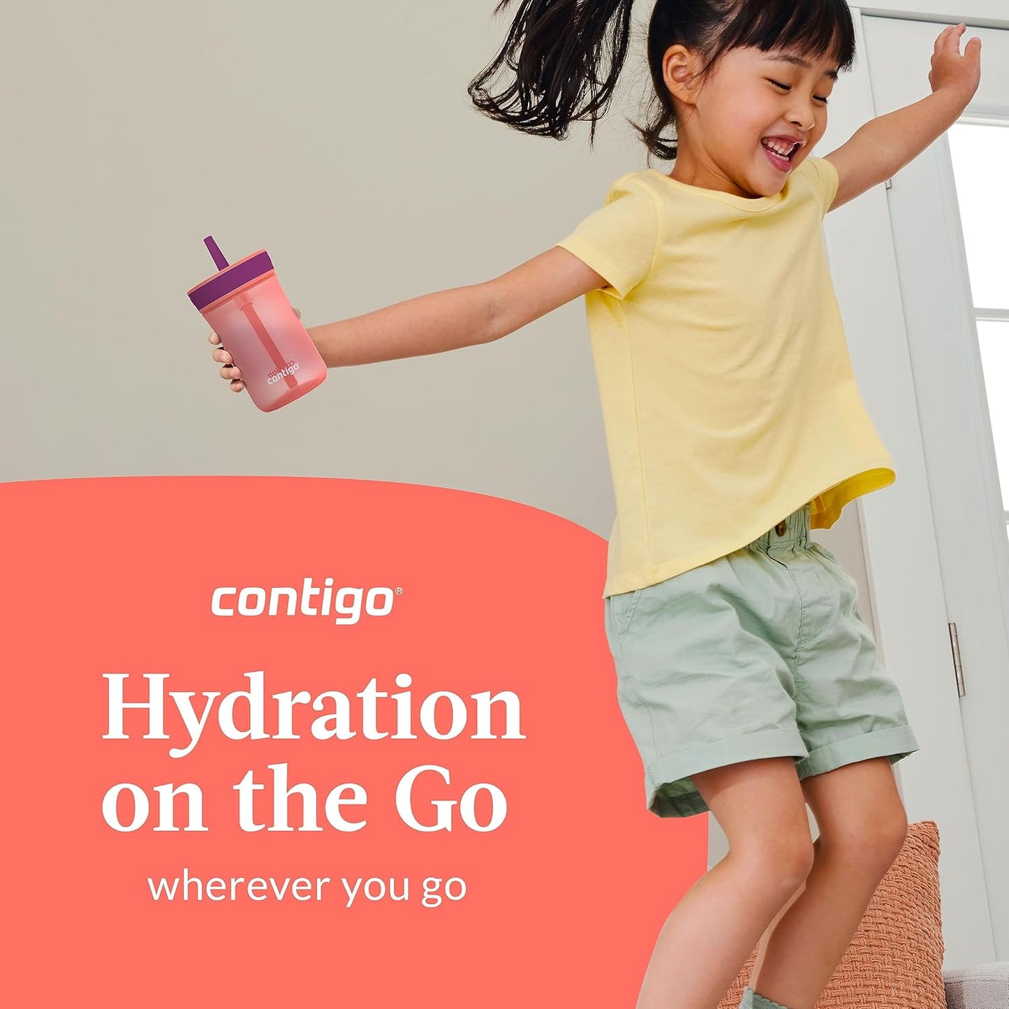 Contigo Kids’ Leighton Straw Tumbler with Spill-Proof Leak-Proof Lid 14oz Coral/Grape