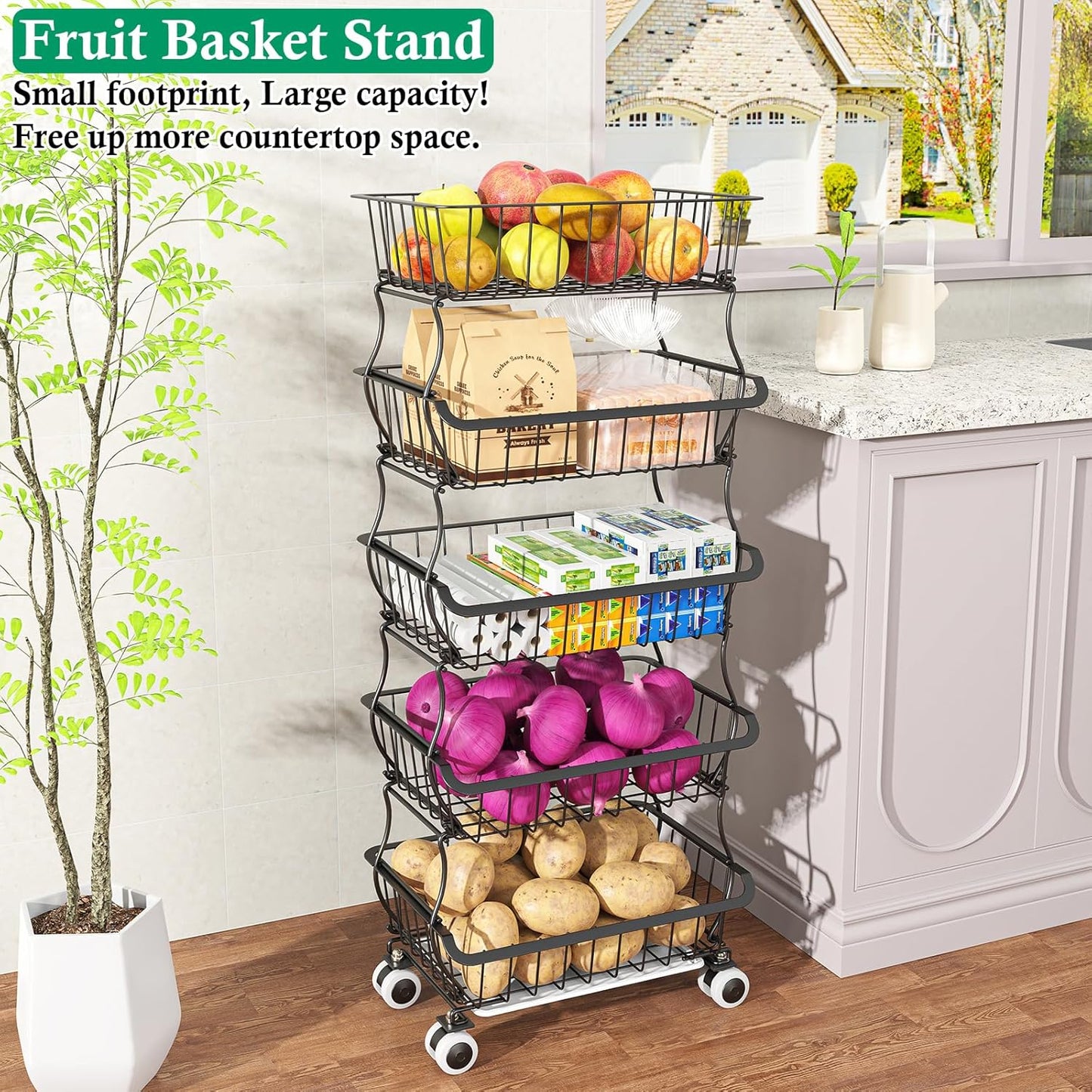 5 Tier Fruit Basket for Kitchen, Stackable Bins Wire Rack with Wheels, Fruit and Vegetable Storage Basket Pantry Food Snack Organizer Shelf, Kitchen Storage Cart for Onion and Potato, Produce