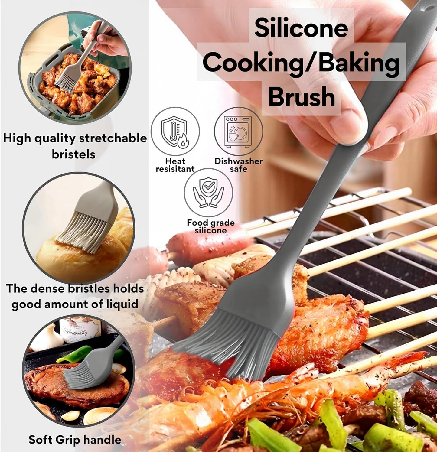 SAMIA 4PCs Reusable Silicone Air Fryer Liners Set - 8'' Collapsible Air fryer Liners with Cooking Tong & Basting Brush - BPA Free, Non-Stick, Food Safe Silicone Air Fryer Accessories