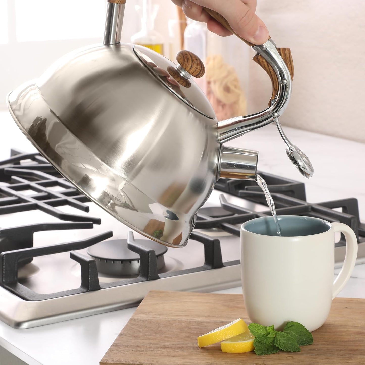 Mr. Coffee Woodmont 2-Quart Stainless Steel Tea Kettle With Wood Handle, Stovetop Whistling Kettle, Durable Fast-Boil Tea Pot