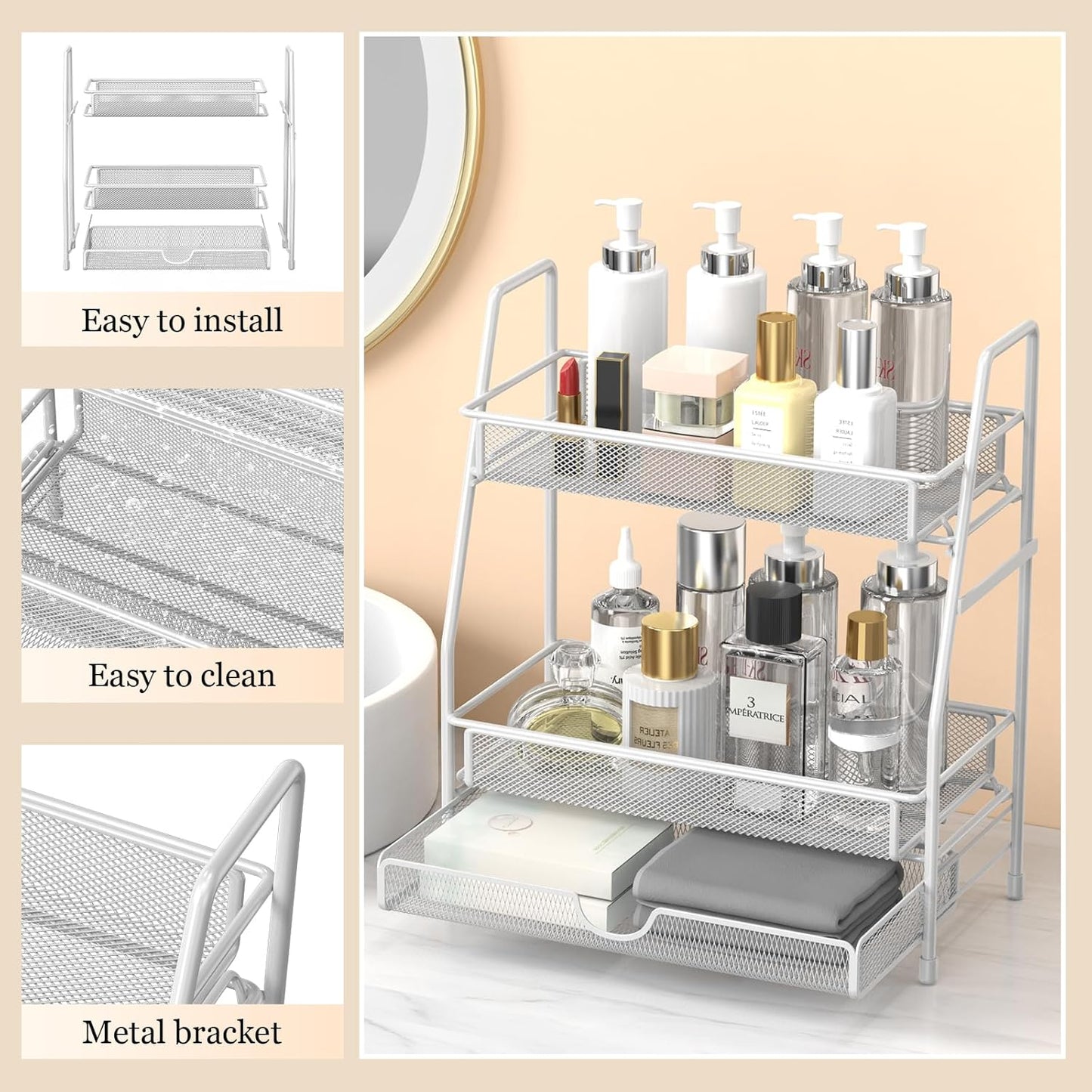 LEMIKKLE 2-Tier Bathroom Counter Organizer with Drawers, Multi-Purpose Makeup Organizer Countertop, Large Skincare Organizers, Exquisite Vanity Shelf