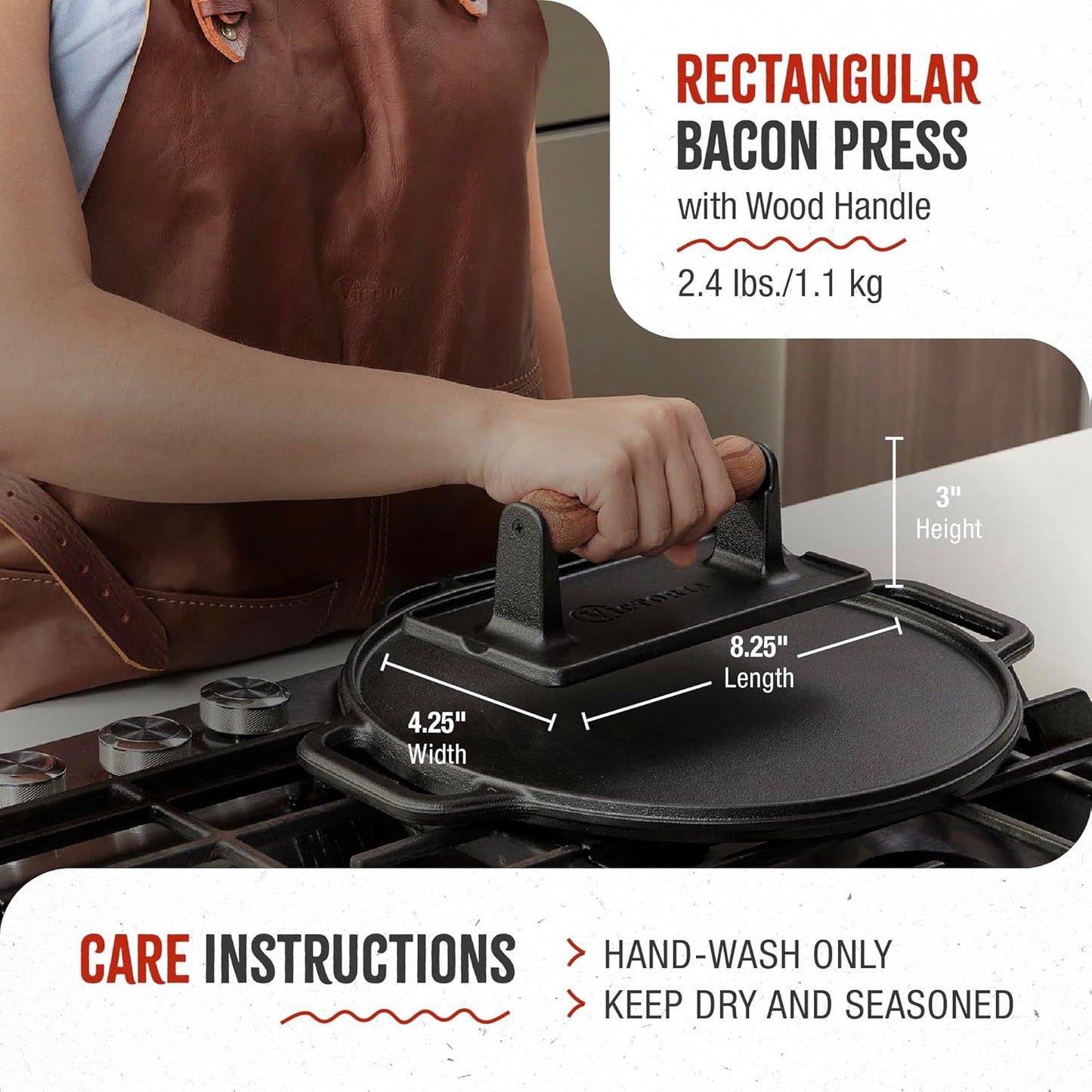 Victoria Cast Iron Panini Press, Burger Press, Bacon Press, Grill Press, Seasoned with 100% Kosher Certified Non-GMO Flaxseed Oil, Model Number: GAD-025