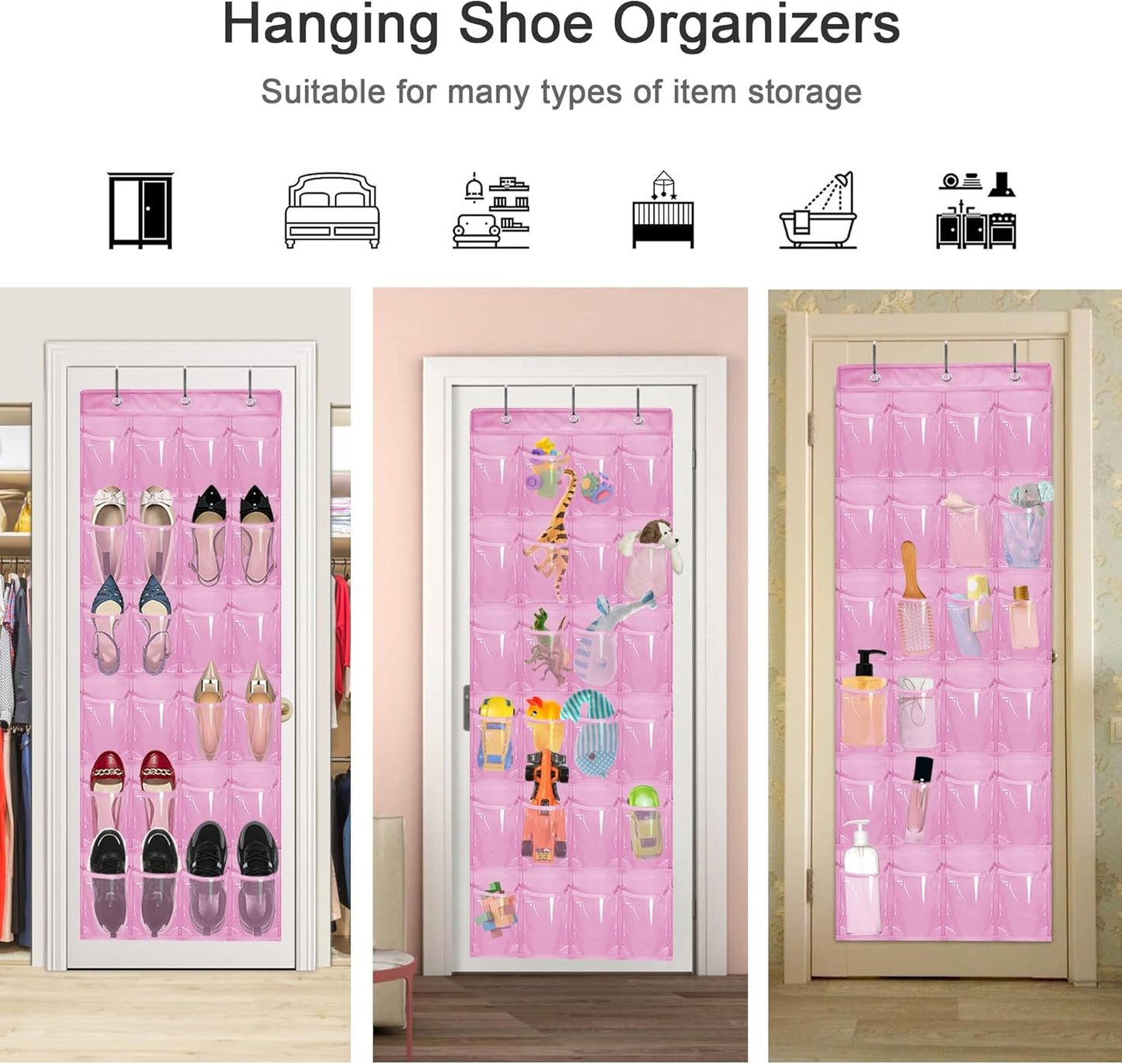 Over The Door Shoe Organizer - Space Saving Shoe Rack for Closet Door with 24 Pockets and Hook, Shoe Holder Back of Door Organizers for Shoes, Hanging Shoe Organizer (Pink)