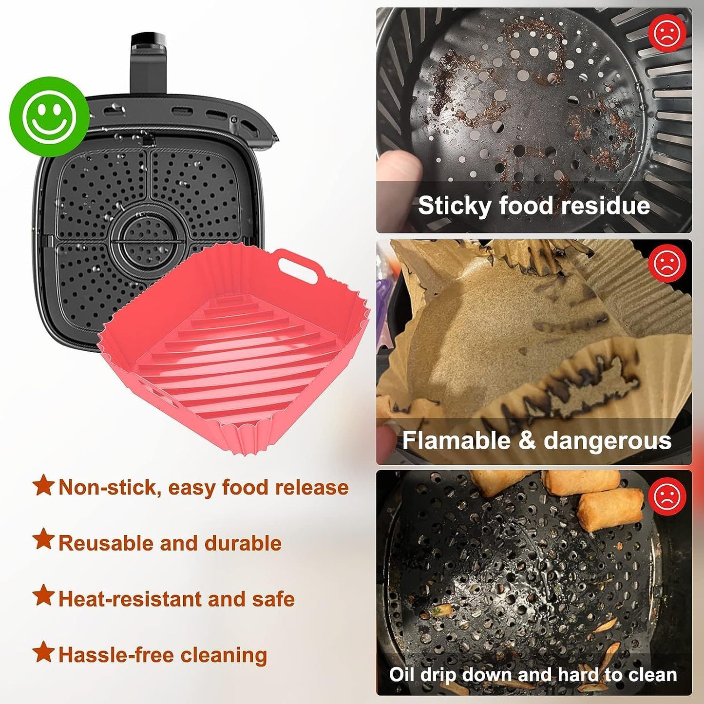 Large Silicone Air Fryer Liners Square 5-9 QT, 7.9 Inch Airfryer Liners Reusable Air Fryer Silicone Liners Pot Oven Liner Baking Tray, Air Fryer Basket Silicone Mat Bowl Air Fryer Accessories, 2 Pack