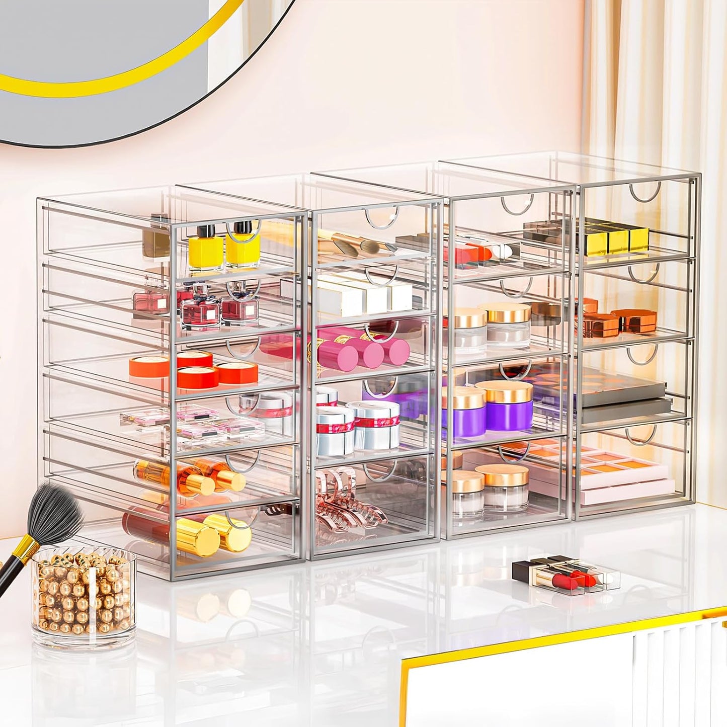 Acrylic Makeup Organizer with 19 Drawers, 4 Pack Clear Storage Drawers, Bathroom Makeup Organizer for Palettes, Cosmetic, and Beauty Supplies,Ideal for Vanity, Cabinet,Desk Organization