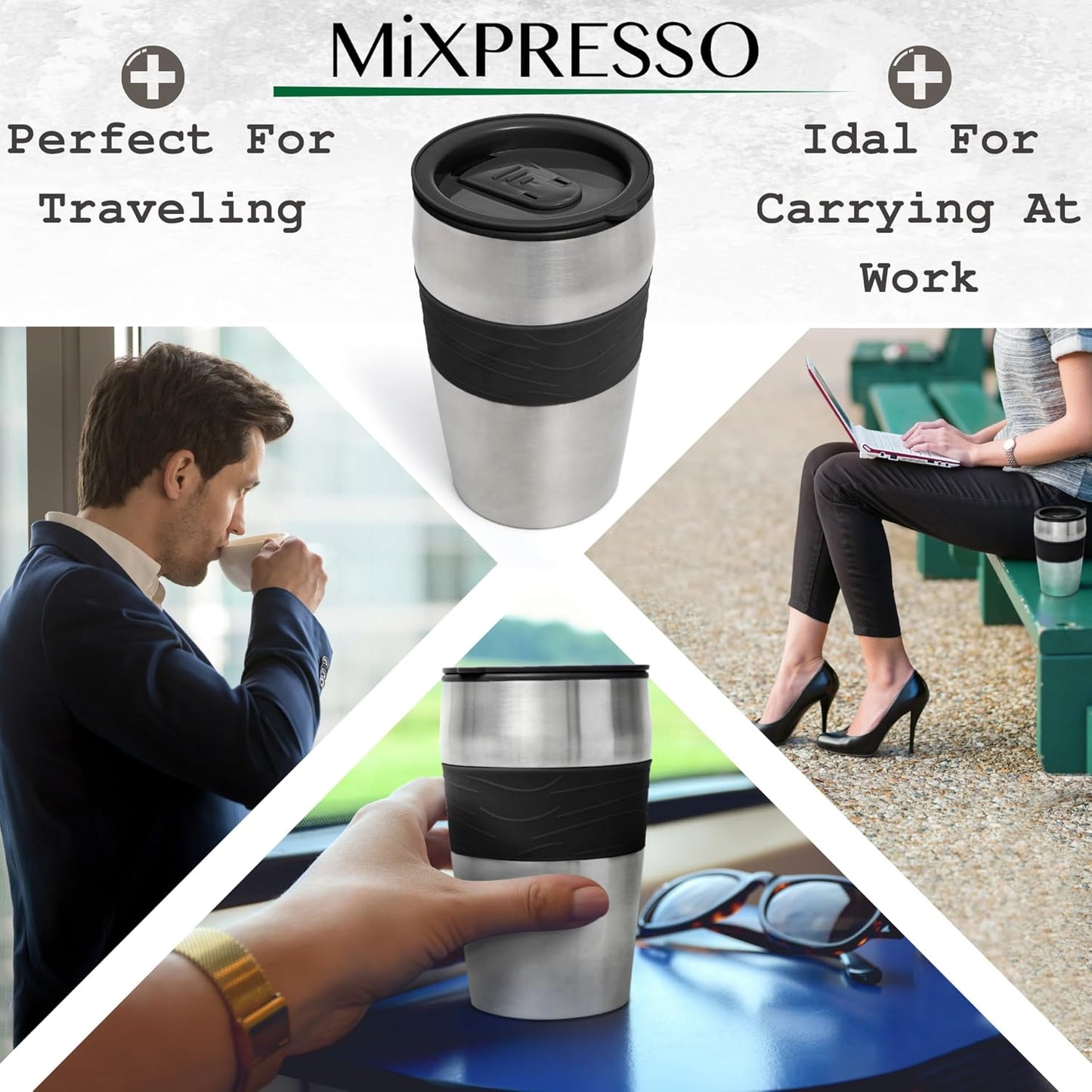 Mixpresso Black Personal Single Serve Coffee Maker with 14oz Travel Mug, Drip Small Coffee Maker with Auto Shut Off, Reusable Filter, Works with Ground Coffee Only – Not for K-Cup Pods