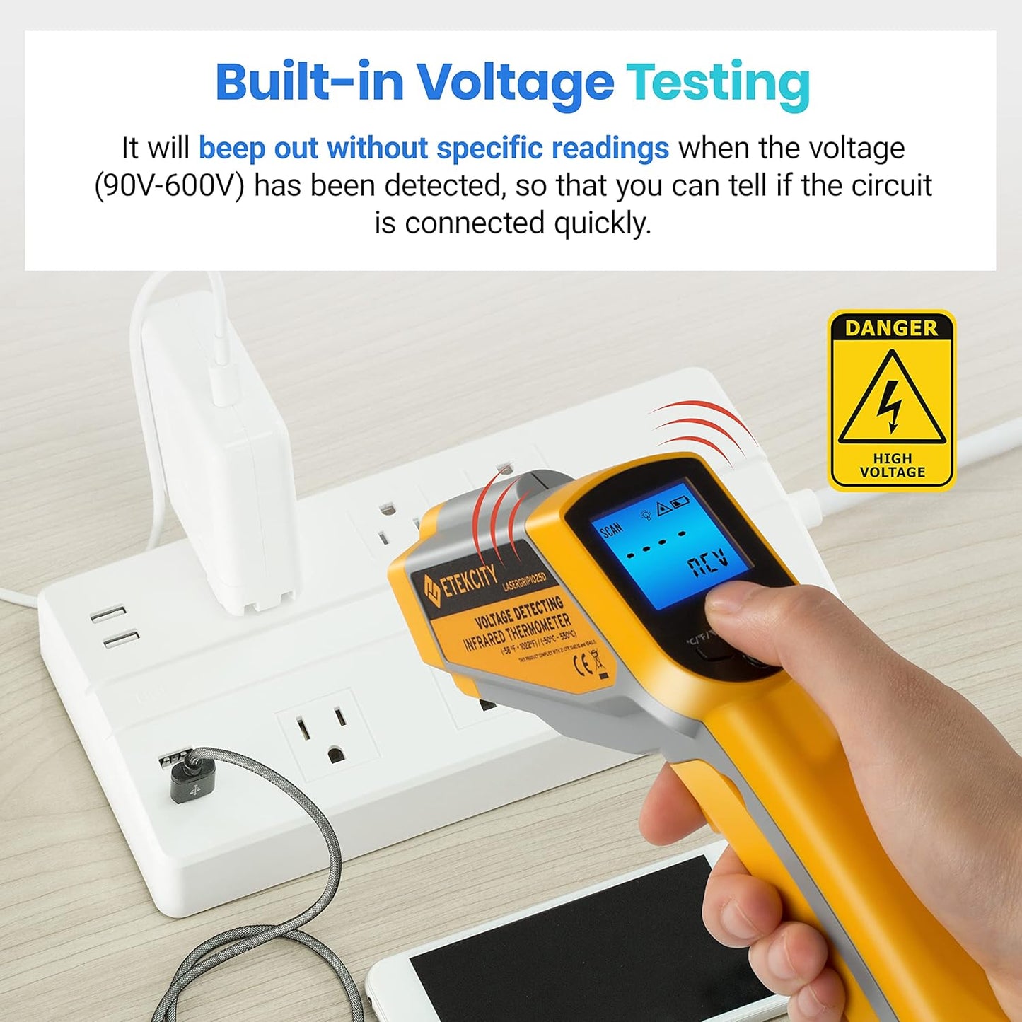Etekcity Infrared Thermometer 1025D (Not for Human) Dual Laser Temperature Gun-58℉~1022℉ (-50℃~550℃) with Adjustable Emissivity, Non-Contact Voltage Tester (NCV), Standard Size, Yellow & Gray