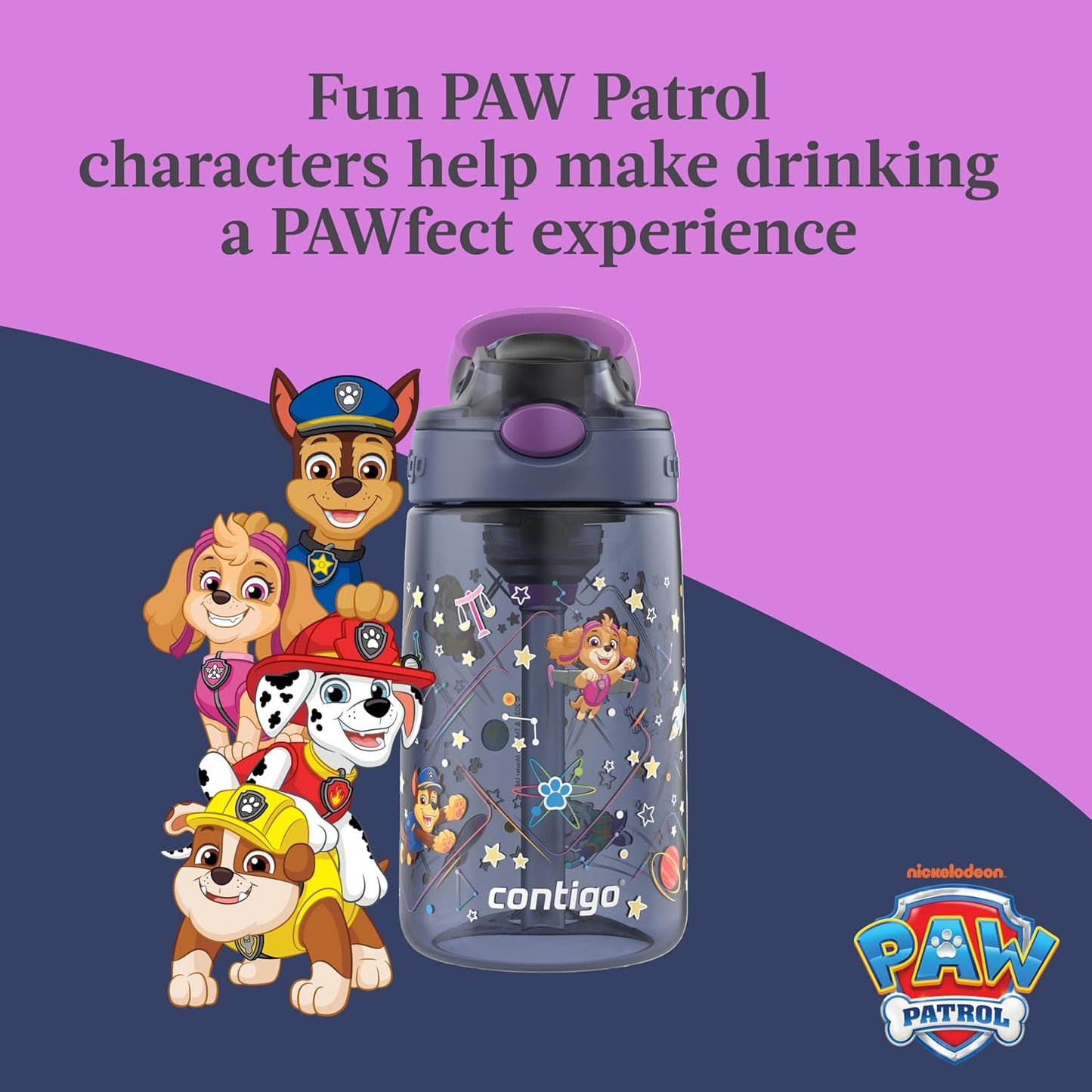 Contigo Aubrey Paw Patrol Leak-Proof Spill-Proof Water Bottle with Autospout, 14oz, Paw Patrol Space Zodiac, Purple