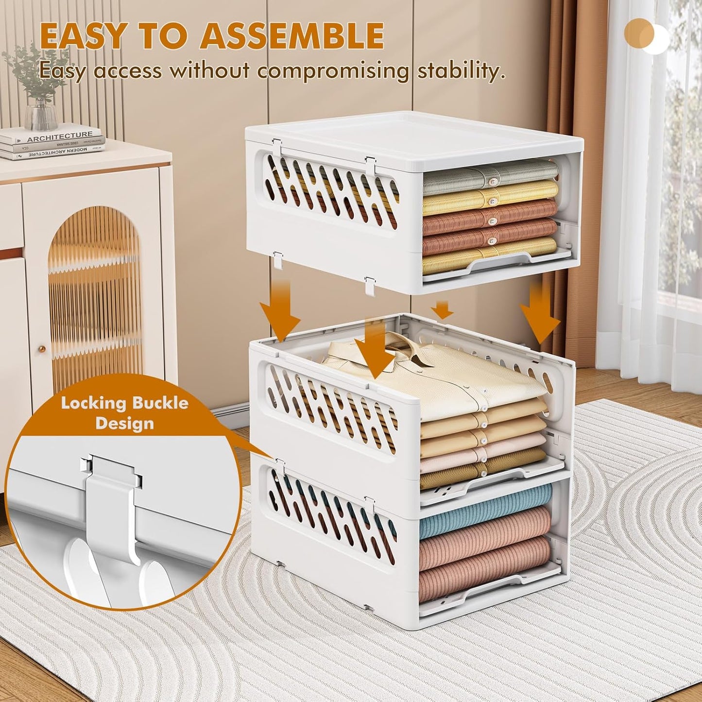 3 Pack Stackable Closet Storage Basket - Stackable Storage Bins, Multifunctional & Foldable Closet Organizer Divided, Wardrobe Cupboard Space-Saving Clothes Storage Hat Organizer, White