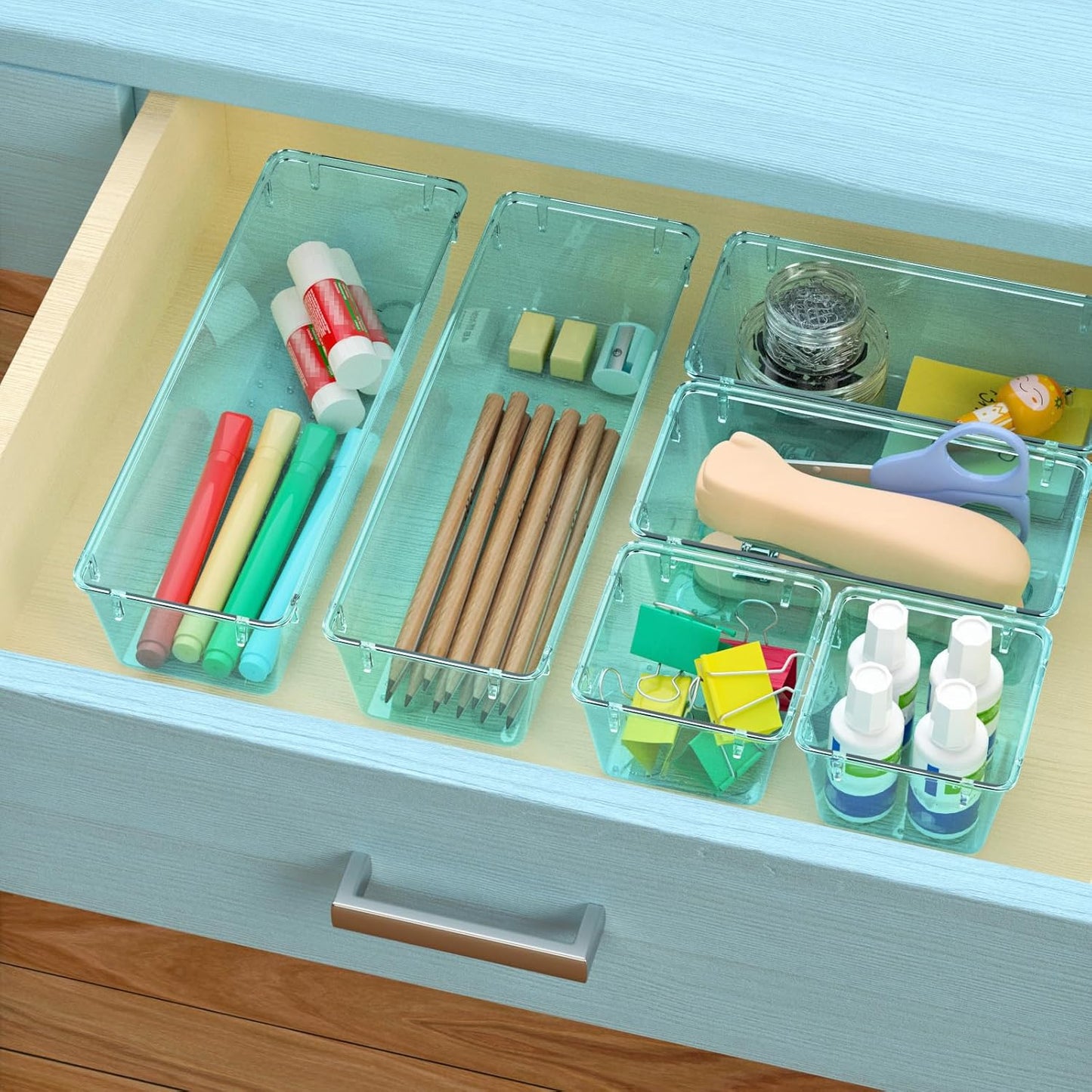 WOWBOX 12 Pack Clear Drawer Organizer Set, Acrylic Drawer Storage Trays, Storage Bins for Makeup, Cosmetics, Jewelries, Utensils, Gadgets, Office, Sea Blue