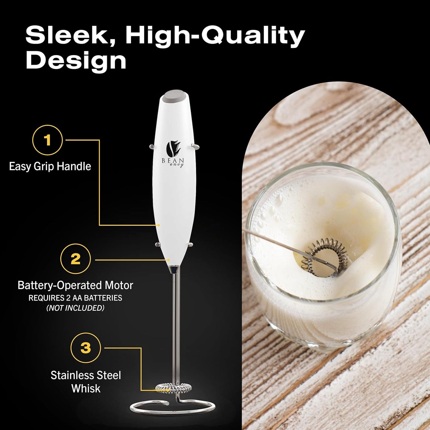 Bean Envy Milk Frother, Coffee Stirrers, Frother Wand, Milk Frother Handheld, Frother with stand, Hand Blender for Coffee, Lattes, Cappuccino, Matcha and Hot Chocolate – Kitchen Gifts - White