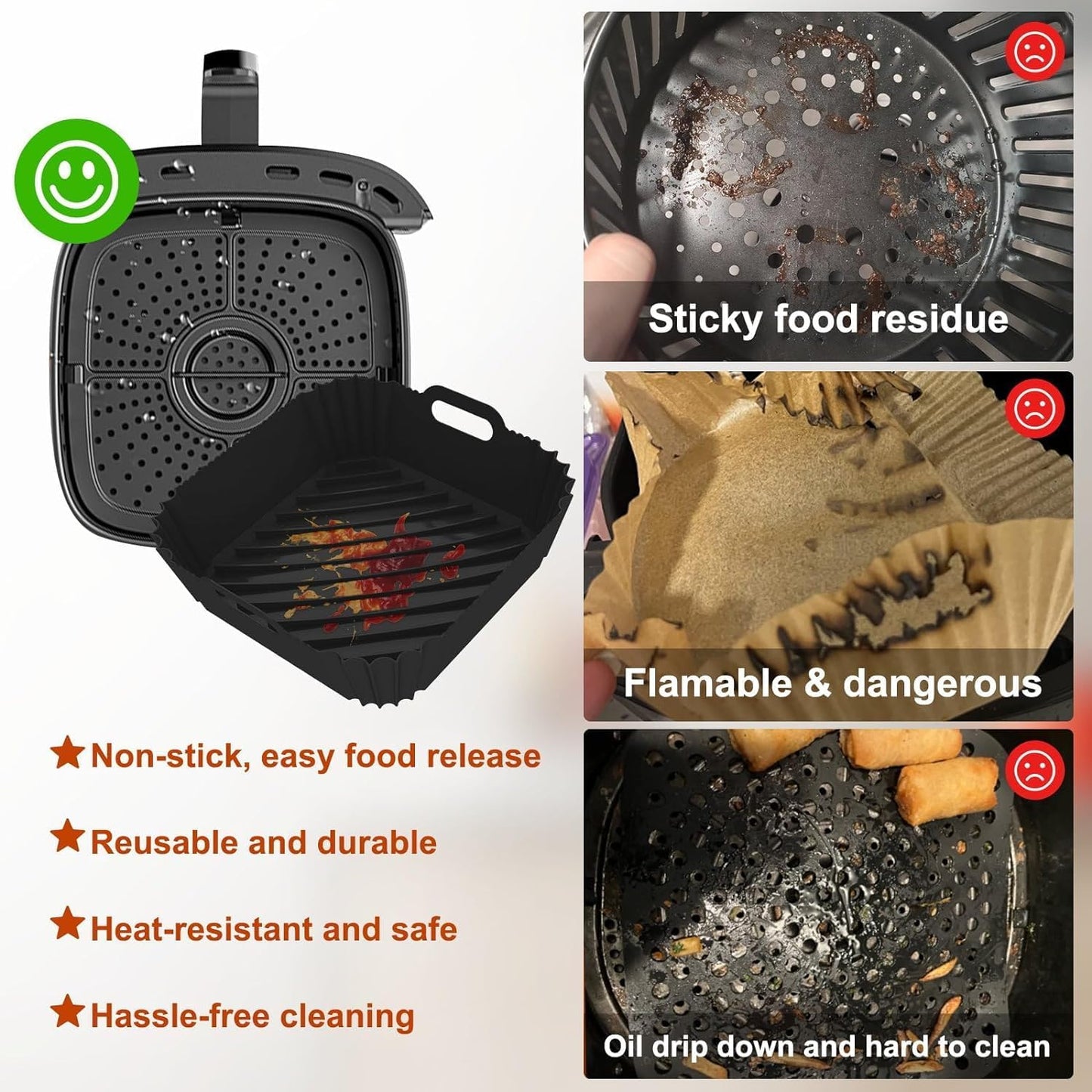 Large Silicone Air Fryer Liners Square 5-9 QT, 7.9 Inch Airfryer Liners Reusable 2 Pack Air Fryer Liners Pot Oven Liner Baking Tray, Air Fryer Basket Silicone Mat Bowl Air Fryer Accessories