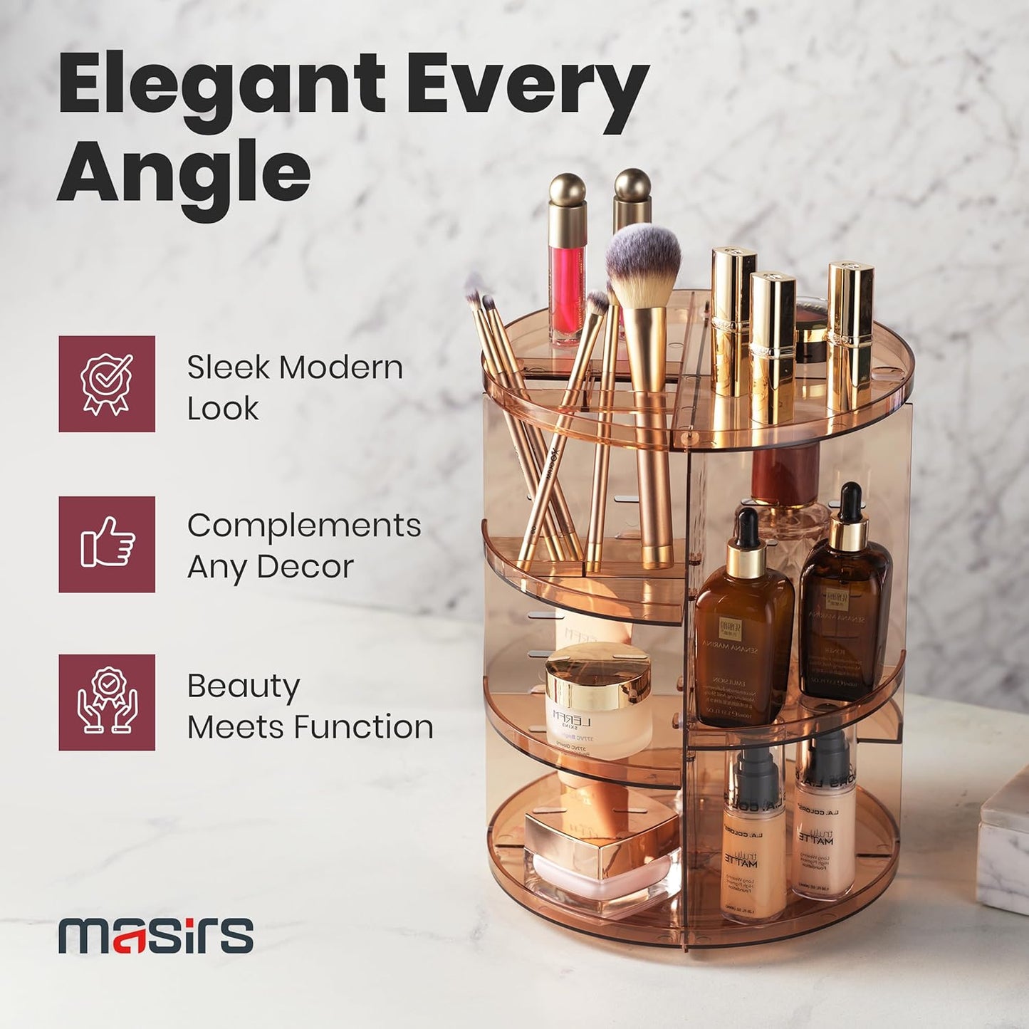 Masirs 360 Rotating Makeup Organizer - Adjustable Shelf Height and Fully Rotatable - The Perfect Round Spinning Cosmetic Organizer for Bedroom Dresser or Vanity Countertop Storage (Brown)