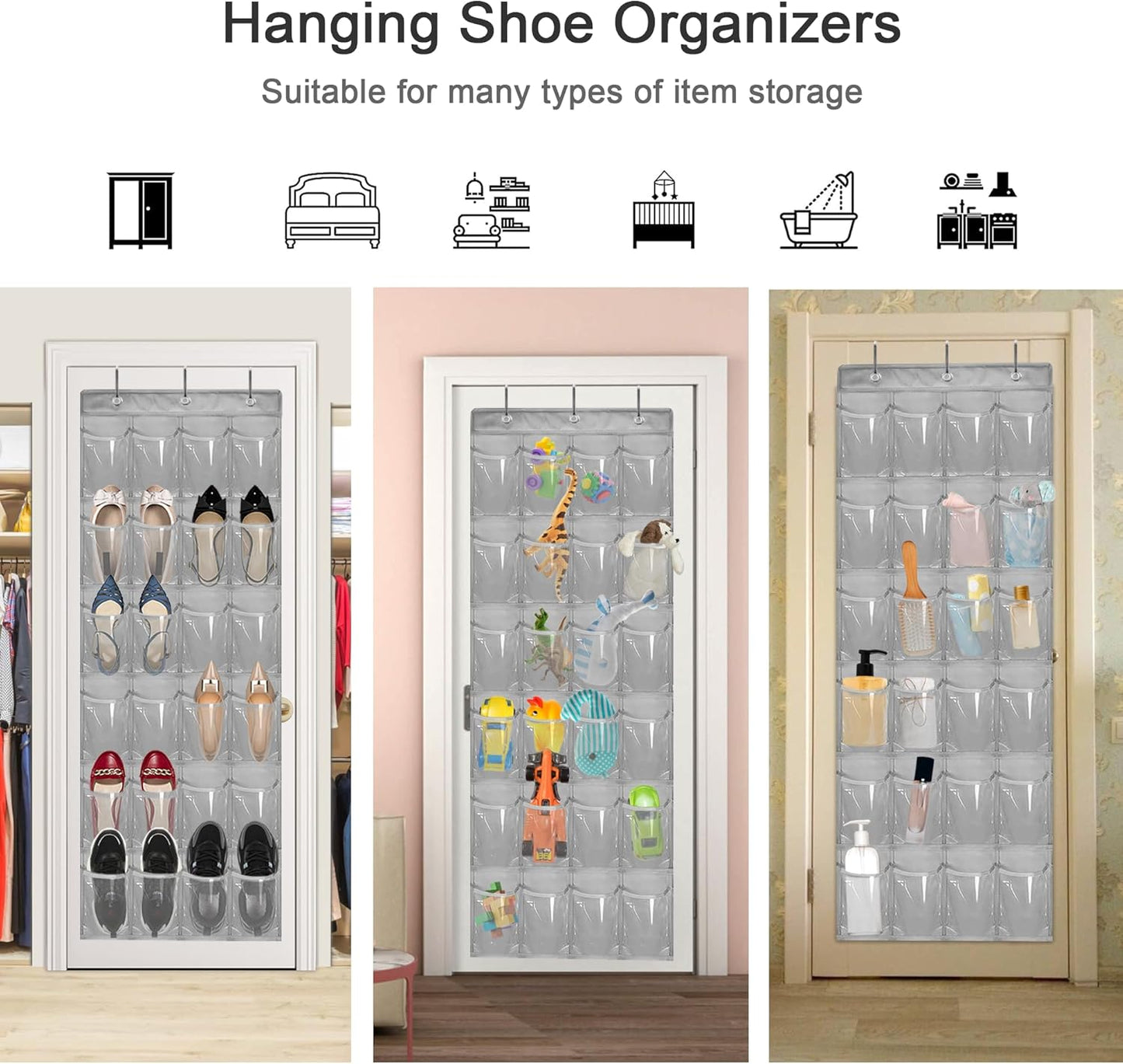 Over The Door Shoe Organizer - Space Saving Shoe Rack for Closet Door with 24 Pockets and Hook, Shoe Holder Back of Door Organizers for Shoes, Gray Hanging Shoe Organizer (Gray)