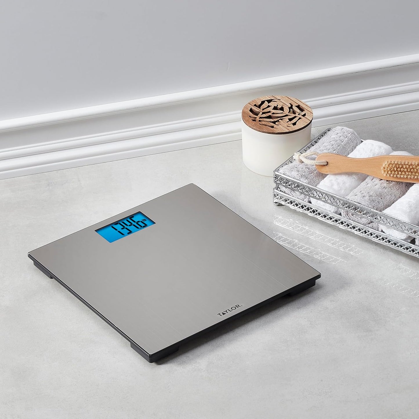 Taylor Digital Scales for Body Weight, High 400 LB Capacity, Brushed Stainless Steel Thin Glass Platform, Unique Blue LCD, Durable Platform, 11.8 x 11.8 Inches, Stainless Steel