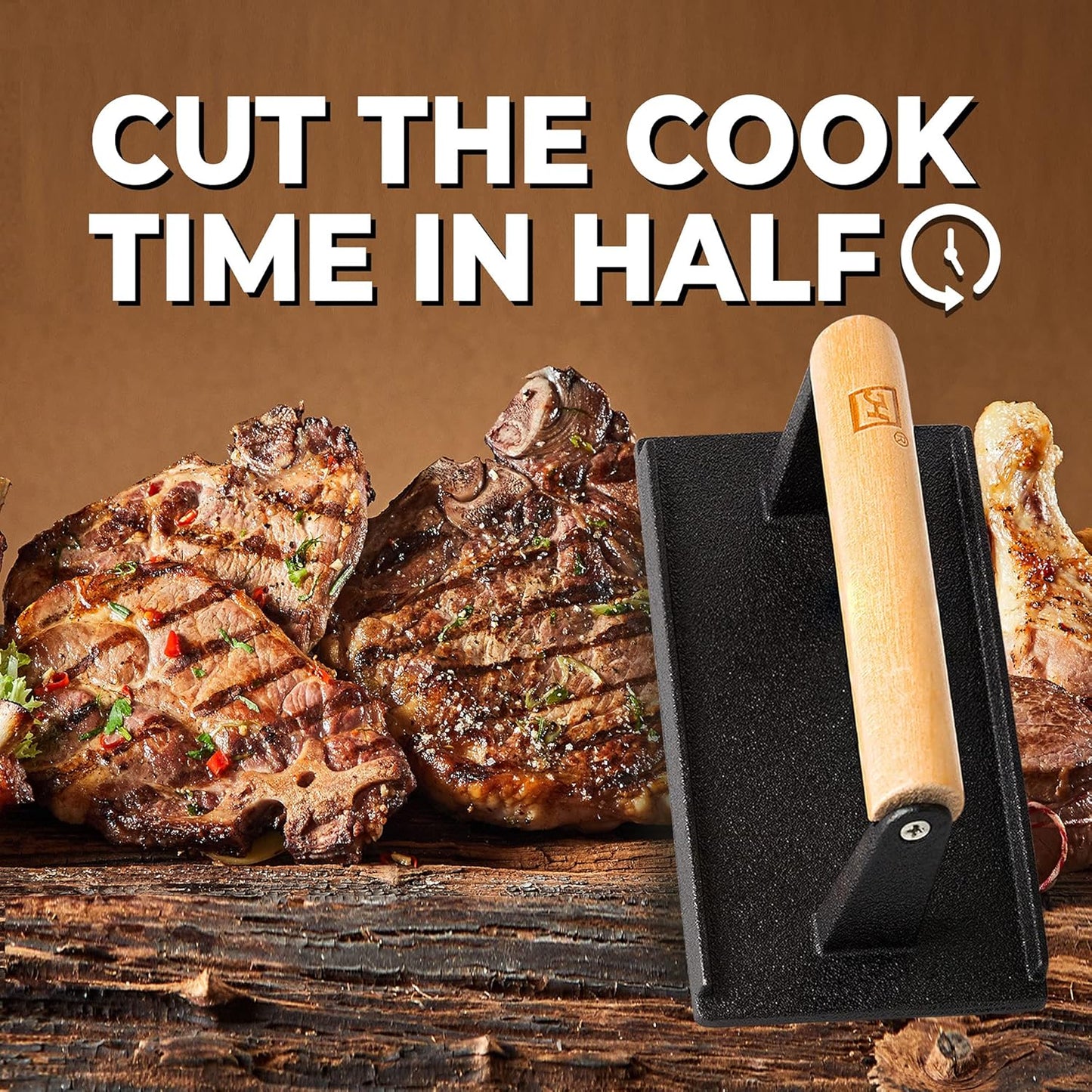 Cast Iron Grill Press (Set of 2) - 8 x 4 Inch, 2.6 lb Griddle Press with Cool-Touch Wood Handle - Pre-seasoned for Steak, Burgers, Sandwiches, and Paninis – Non-Stick Grill Weight