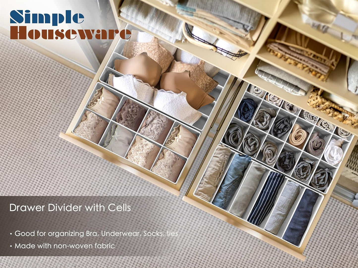 Simple Houseware 4-Pack Drawer Organizer Set - Closet Dividers for Underwear, Socks, Bras, Scarves, Ties - Foldable Non-Woven Storage Boxes, Gray