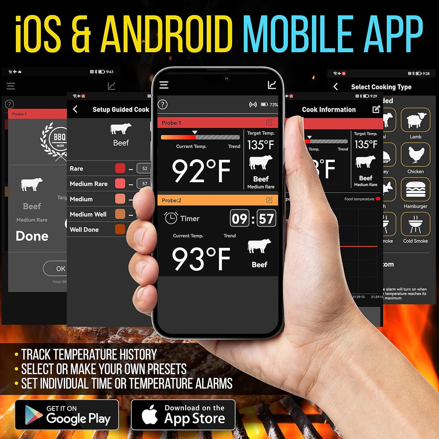 NutriChef WiFi Grill Meat Thermometer, Wireless Dual Smart Probes, Alarm Indoor from Outdoor Barbecue Smoker, Compatible with Any Smartphone, Rechargeable Meter for Outside BBQ Grilling