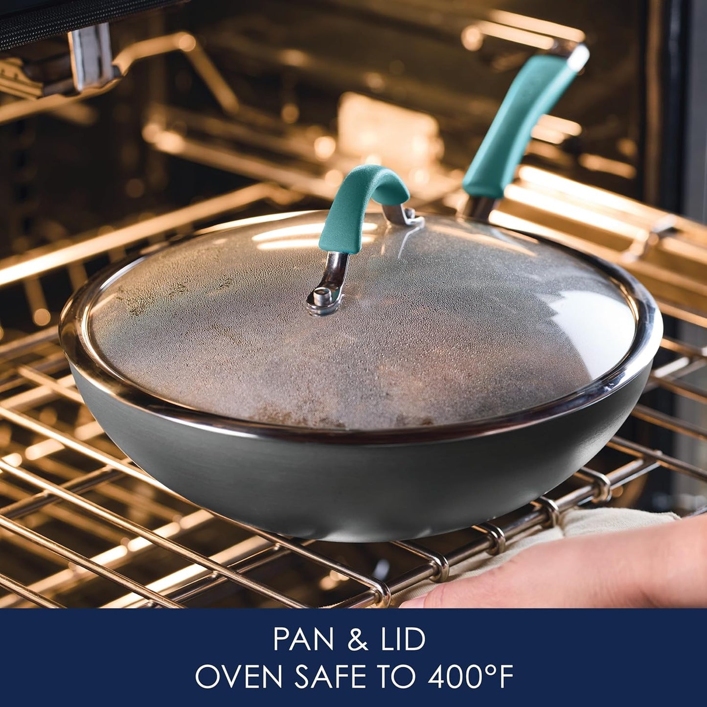 Rachael Ray Cucina Hard-Anodized Nonstick Covered Stir Fry Pan, 11-Inch, Gray, Agave Blue Handles