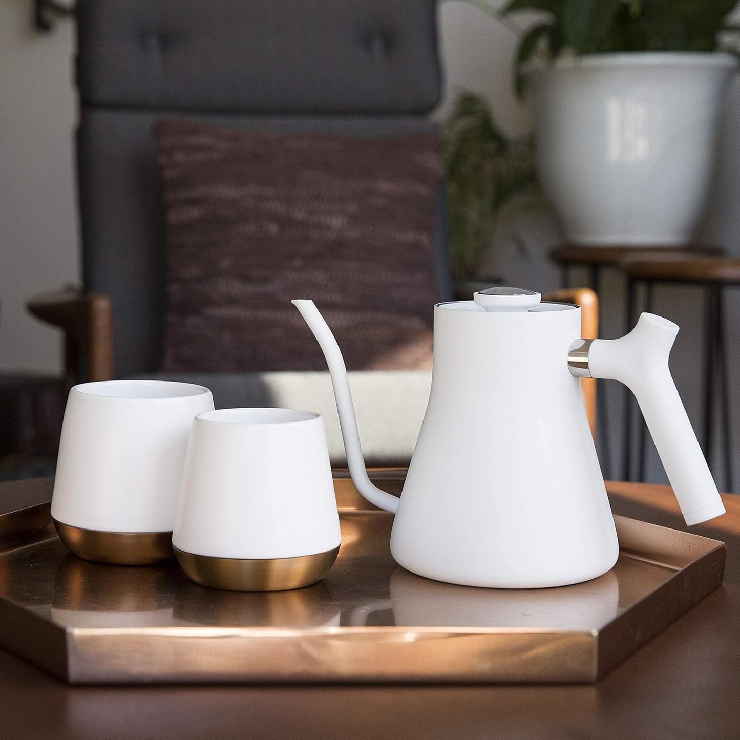 Fellow Stagg Stovetop Pour-Over Coffee and Tea Kettle - Gooseneck Teapot with Precision Pour Spout, Built-In Thermometer, Matte White, 1 Liter