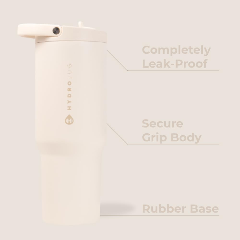 HydroJug Sport - Stainless Steel Tumbler with Straw, Vacuum Insulated, 40oz Leakproof Water Bottle, Ergonomic Design, Reusable, Dishwasher Safe, Rubber Base, Durable for Gym or Outdoors, Cream