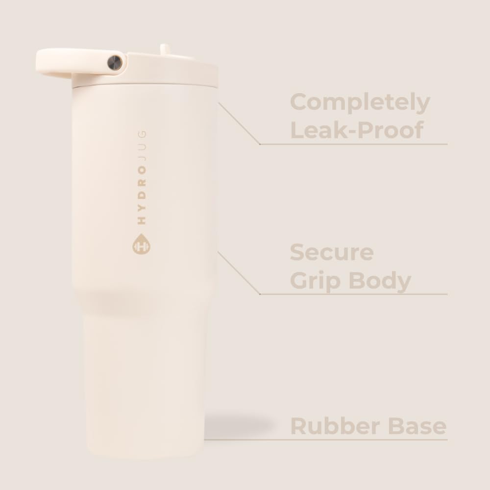 HydroJug Sport - Stainless Steel Tumbler with Straw, Vacuum Insulated, 32oz Leakproof Water Bottle, Ergonomic Design, Reusable, Dishwasher Safe, Rubber Base, Durable for Gym or Outdoors, Cream