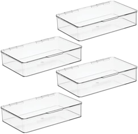 mDesign Plastic Stackable Storage Organizer Bin with Hinged Lid for Bathroom, Cabinet, Drawer, Under Sink, Shelf Organization Holds Medicine, Bath Essentials, Cleaning Supplies - 4 Pack - Clear