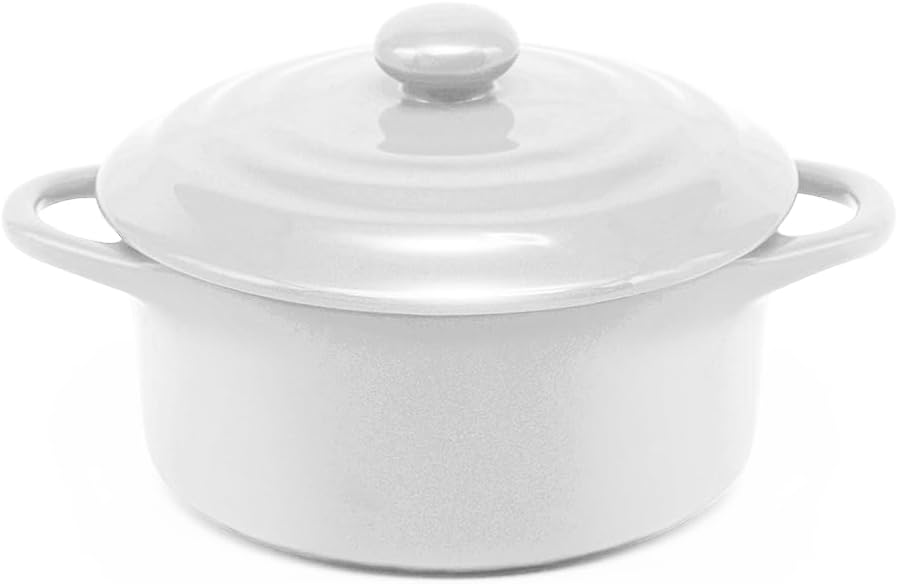 Kook Ceramic Mini Cocotte Set, Small Casserole Dishes with Lids and Handles, Individual Baking Ramekins, Oven, Microwave & Dishwasher Safe, Stoneware, 12 oz, Set of 4 (Swiss White)