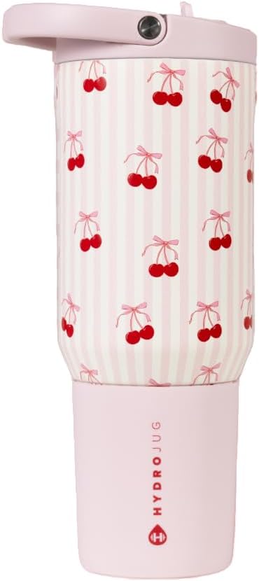 HydroJug Sport - Stainless Steel Tumbler with Straw, Vacuum Insulated, 20oz Leakproof Water Bottle, Ergonomic Design, Reusable, Dishwasher Safe, Rubber Base, Durable for Gym or Outdoors, Sweet Cherry
