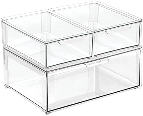 mDesign Plastic Stackable Closet Storage Organizer Bin Containers with Front Pull Drawer for Cabinet, Desk, Shelf, Cupboard, or Dresser Organization - Lumiere Collection - Set of 3 - Clear