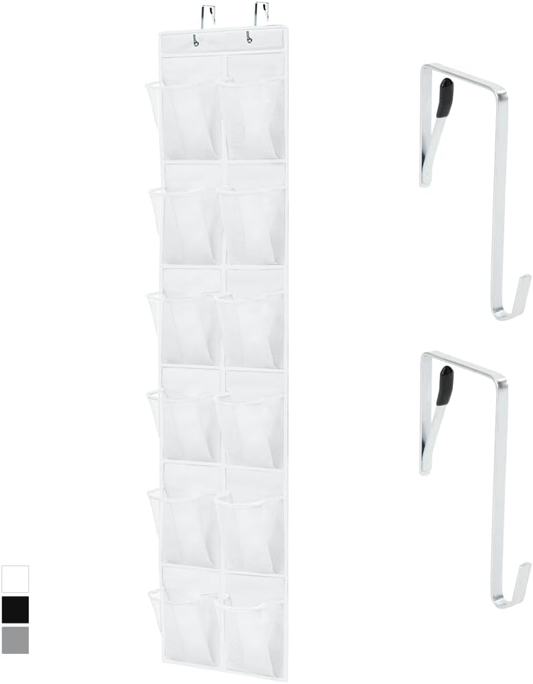 GORILLA GRIP Over the Door Shoe Organizer, 12 Large Breathable Mesh Pockets, Space Saving Hanging Storage Holder, 2 Hook Closet Rack Hanger, Hangs on Closets for Shoes, Accessories, 64H x 9.5W White