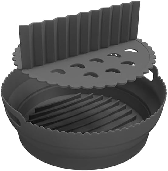 Silicone Air Fryer Liner 8.6" Round for 5–8 QT, With Divider Split for 2 Flavors, Reusable Non-Stick Collapsible Pot Liner, Dishwasher Safe, Heat-Resistant 446°F, BLACK, 1 Pack