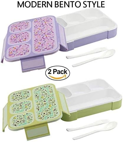 kinsho Bento-Box Lunch-Box for Kids Toddlers, Lunch and Snack Containers for Daycare, School, Boys & Girls, BPA-Free, Utensils Included (Chartreuse Forest + Purple Rainbow, 2 Pack)