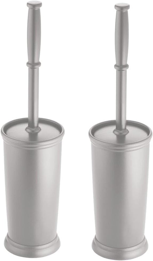 mDesign Toilet Bowl Brush and Holder - Covered Bathroom Brush - Standing Scrubber in Modern Holder - Space Saving, Deep Cleaning for Toilet - 2 Pack, Silver