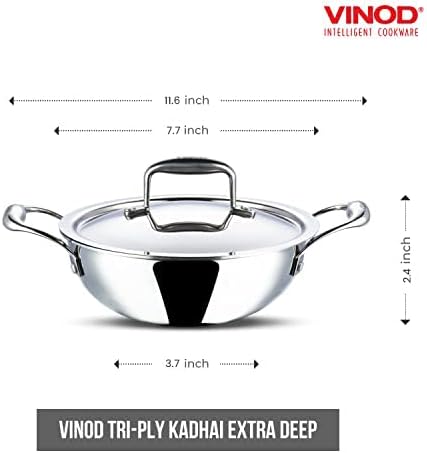 Vinod Platinum Kadai Triply Stainless Steel | Suitable For Indian Cooking, Sauces, Stews, Soups | Deep/Extra Deep Kadai With Lid | Induction, Electric Friendly (Extra Deep Kadai, 18cm)