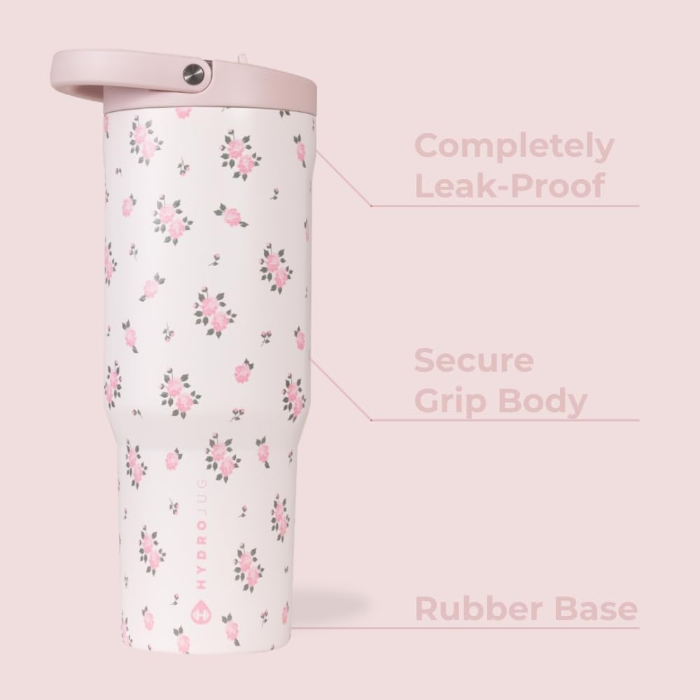 HydroJug Sport - Stainless Steel Tumbler with Straw, Vacuum Insulated, 40oz Leakproof Water Bottle, Ergonomic Design, Reusable, Dishwasher Safe, Rubber Base, Durable for Gym or Outdoors, Wildrose