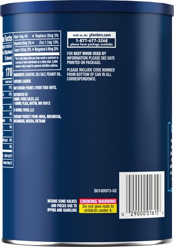 PLANTERS Deluxe Salted Whole Cashews, Party Snacks, Plant-Based Protein, Quick Snack for Adults, After School Snack, Roasted Cashew Flavored with Sea Salt, Bulk Nuts, Kosher, 1 lb 2.25oz Canister