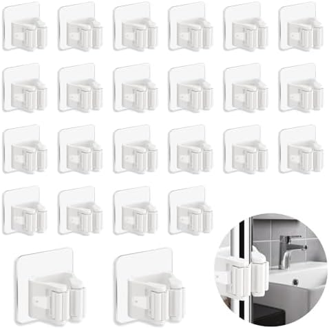 3-H 24-Pack Self Adhesive Broom Holder Wall Mount - Heavy Duty No Drill Broom Organizer for Garage Closet Kitchen, Plastic Storage Rack for Brooms Mops Tools, Peel and Stick Adhesive, White